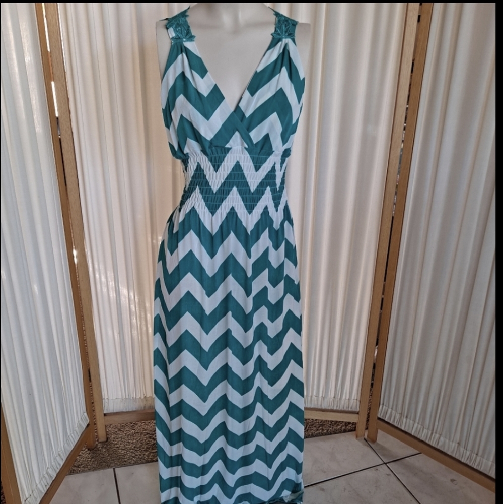 White and Green Chevron Striped Maxi dress with lace backing and fitted …